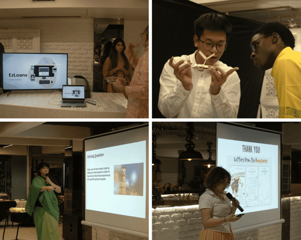 A student, Killian F., wearing a green sari, presents his ethnographic project 'Dear Shopkeeper' at the TGS Mumbai Showcase. A projector screen displays his driving question: 'What can we learn about India by talking to shop owners?' His research documents the living history and migration stories of Mumbai’s Irani and Parsi merchants. This project exemplifies the THINK Global School 'place-based learning' approach to independent research.