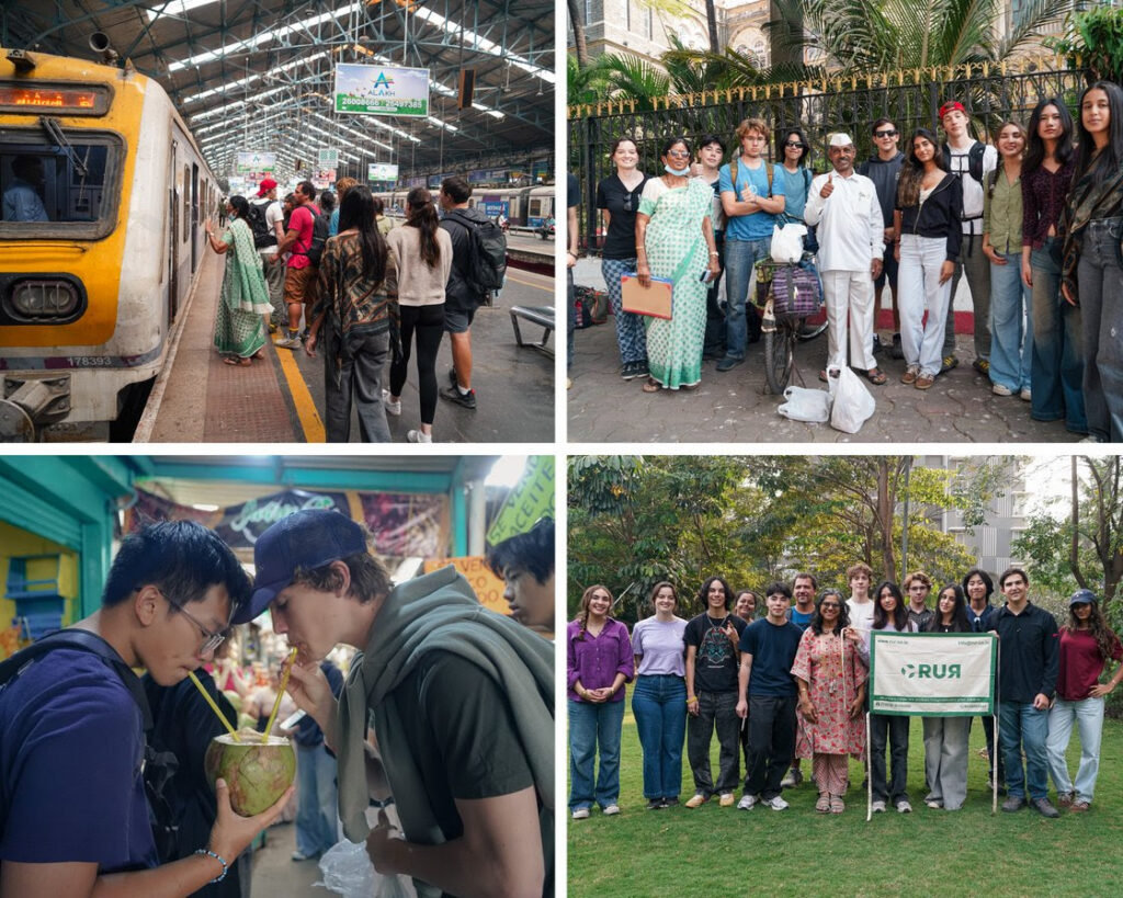 A four-image collage of THINK Global School students in Mumbai for the Navonmesa module. Top left: Students boarding a local Mumbai train. Top right: The TGS community posing with a local Dabbawala. Bottom left: Two students sharing a fresh coconut at a local market. Bottom right: A group photo with members of RUA (Recycle Up Association), focusing on urban waste systems. This module explores social entrepreneurship and circularity within Mumbai's recycling ecosystems.