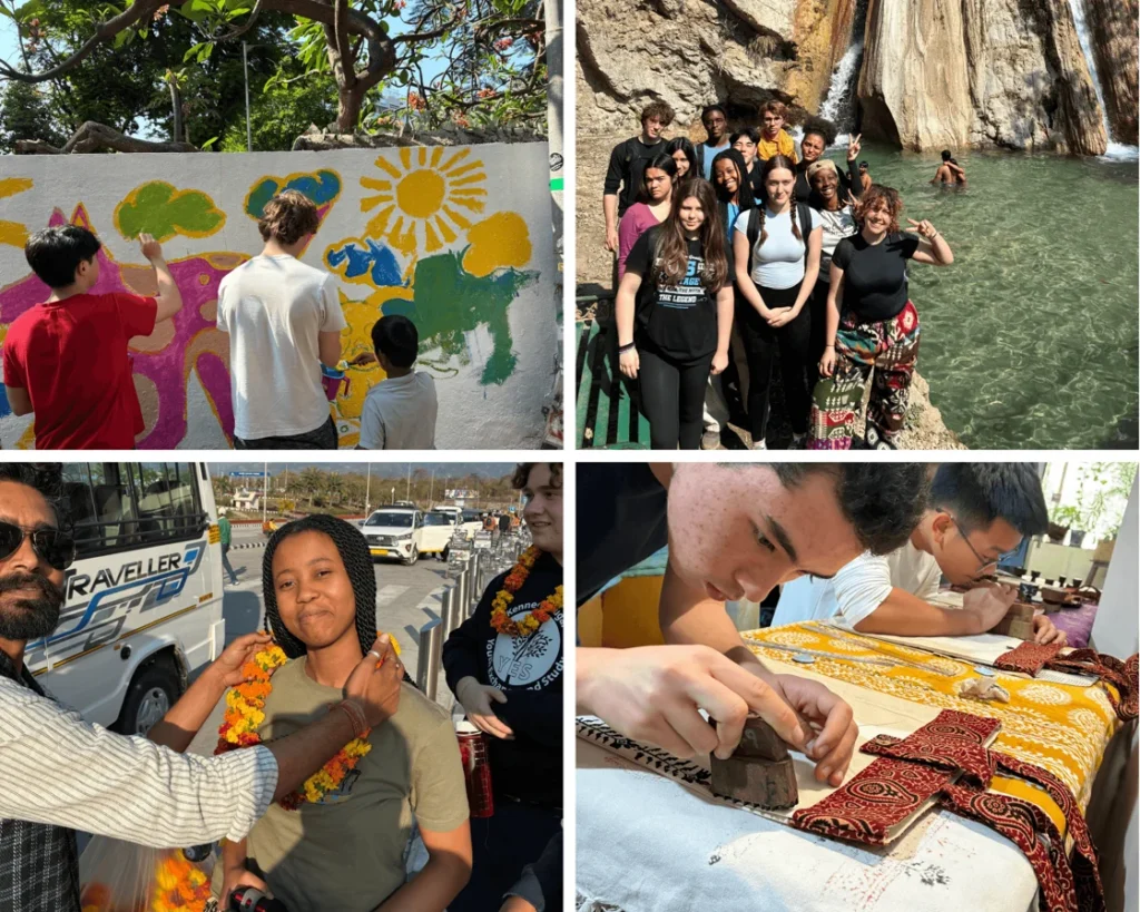 A four-image collage of THINK Global School students in India painting a vibrant community mural, standing by a canyon waterfall, receiving a traditional marigold garland welcome, and practicing woodblock printing.