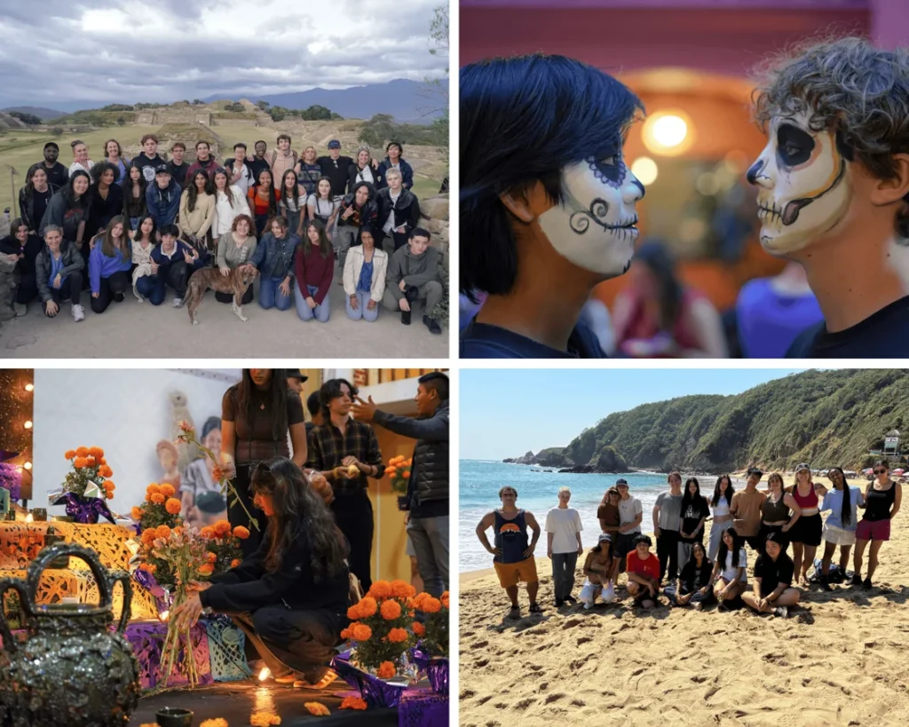 A four-image collage of THINK Global School students in Oaxaca, Mexico, featuring a group at the Monte Albán ruins, wearing traditional Día de los Muertos face paint, arranging marigolds for an altar, and posing on a beach.